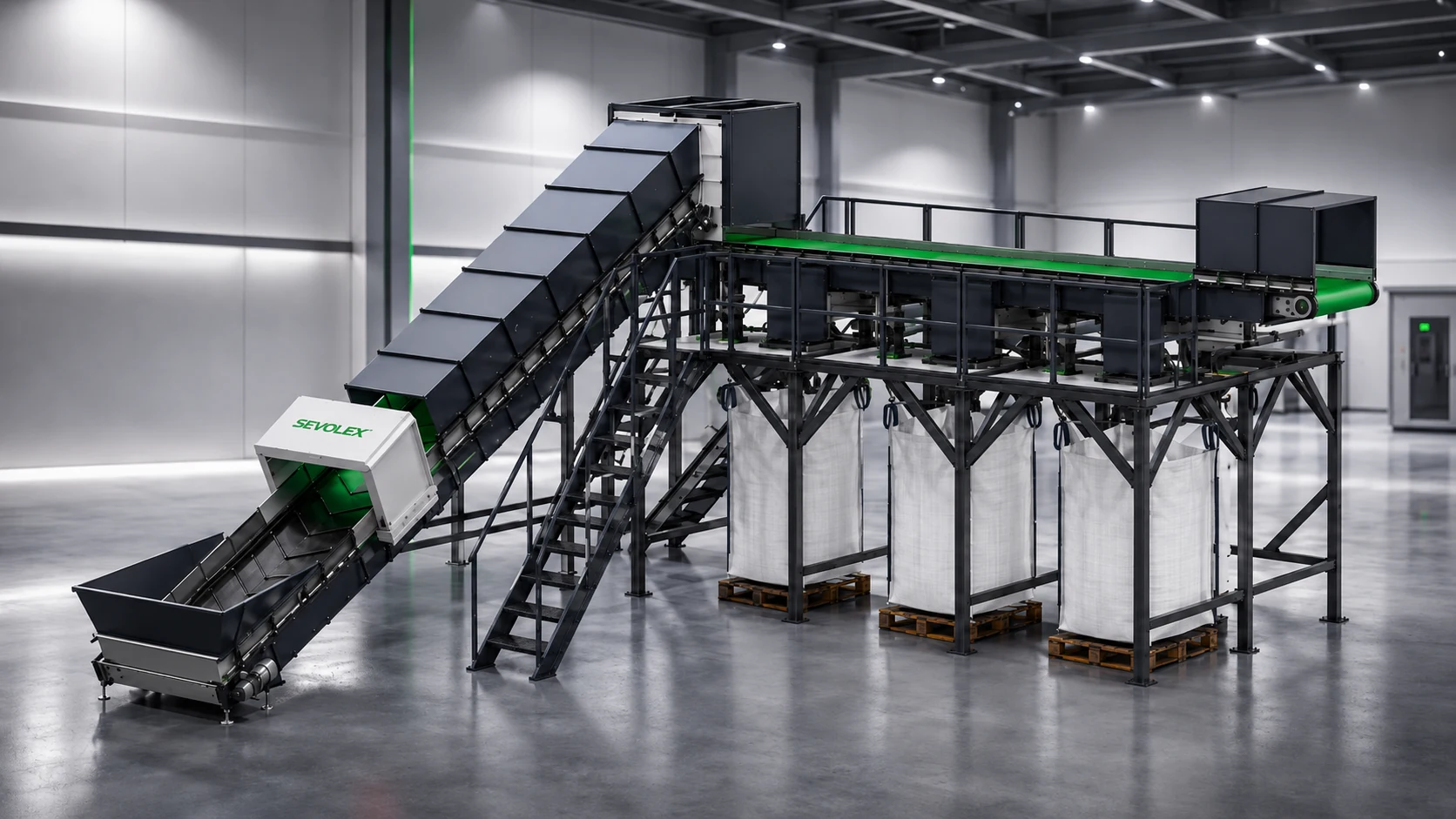 SEVOLEX industrial sorting platform with conveyors and collection stations